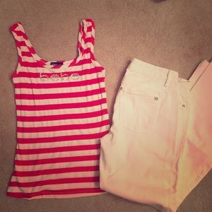 Bebe Logo Red and white stripe rhinestone tank L